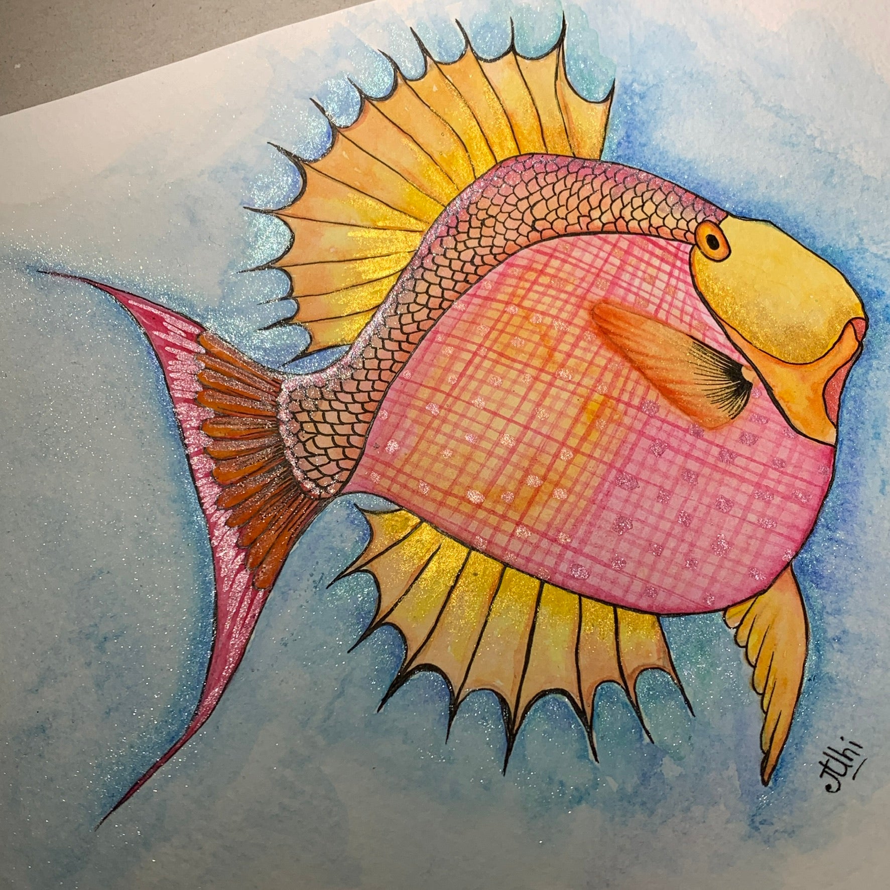 Chithra D R on Instagram: Shimmers and fishes!!💙🐠💙 . . . . . . Paper:  @cansonusa Metallic watercolor: @skrim_watercolors Watercolor:  @dalerrowney1783 Brush: @princetonbrush . . . .